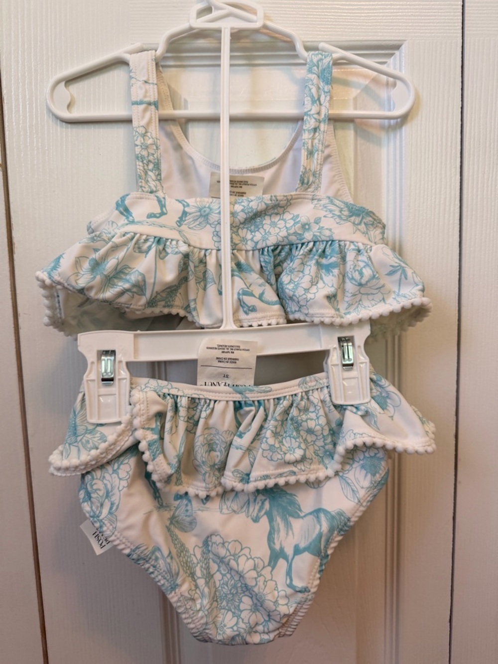 Posh Peanut Girls Two-Piece Ruffle Swimsuit in Aqua Horse Print - Picture 2 of 4